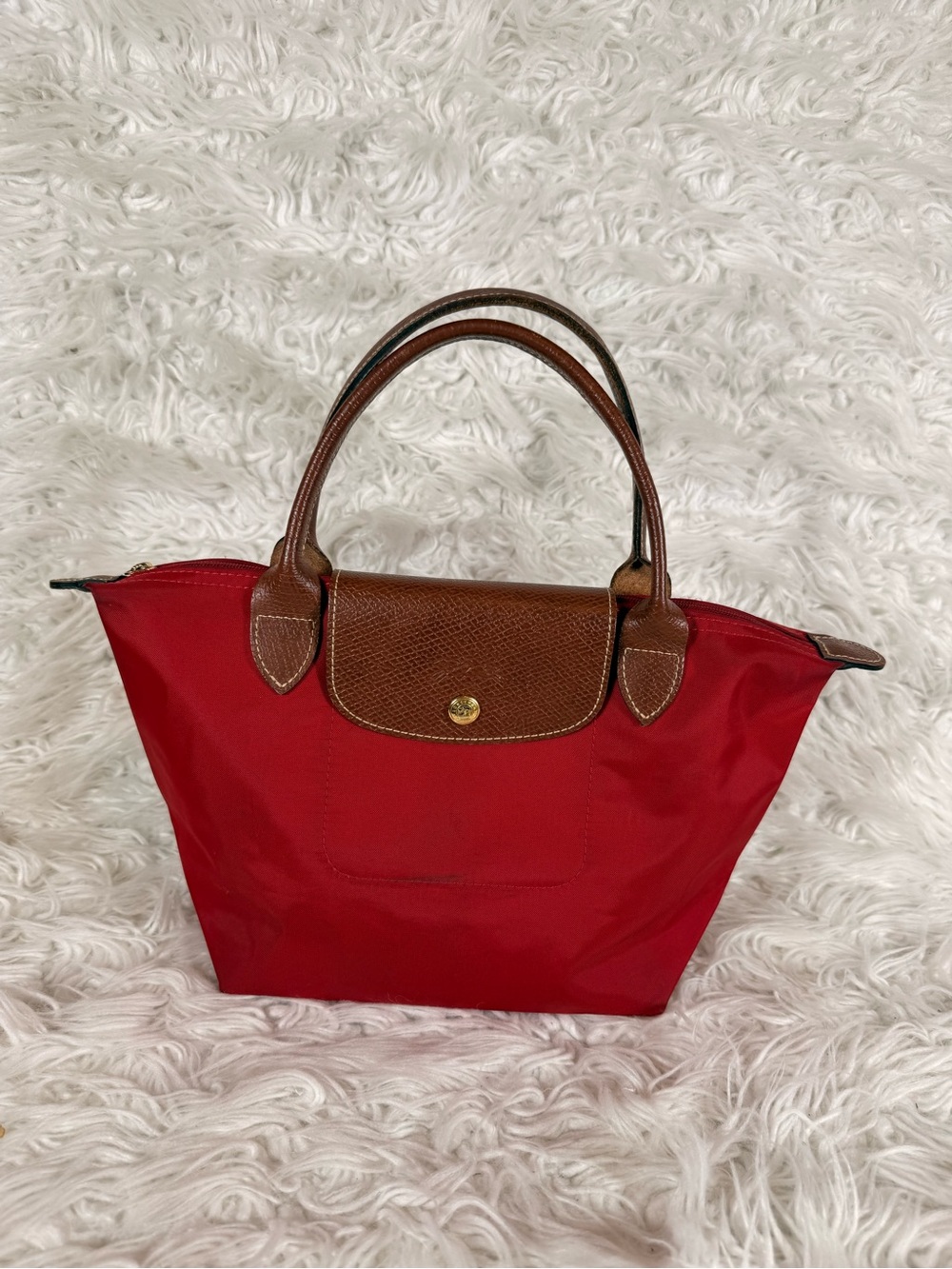 Original Longchamp Red Nylon Tote with Brown Leather Trim small